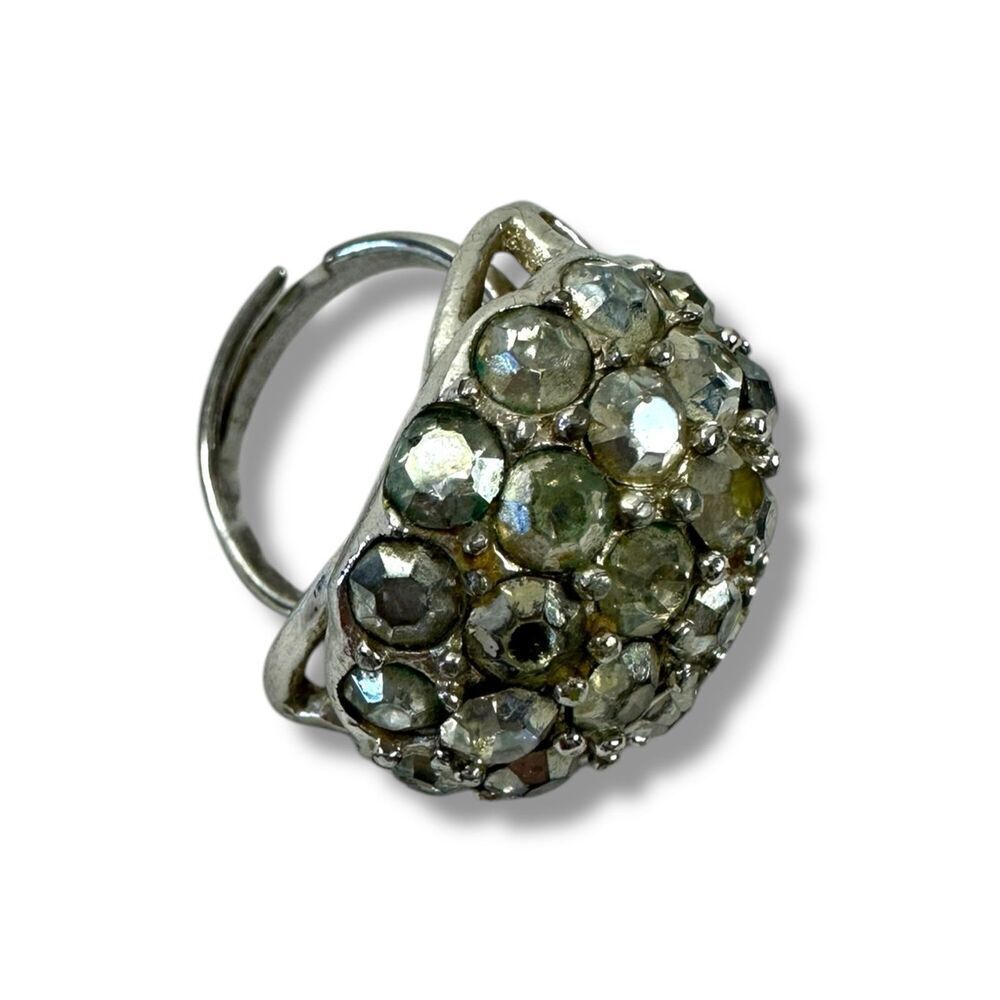 Sarah Coventry Silver Tone Adjustable Cocktail Ring Rhinestone Chunky Statement